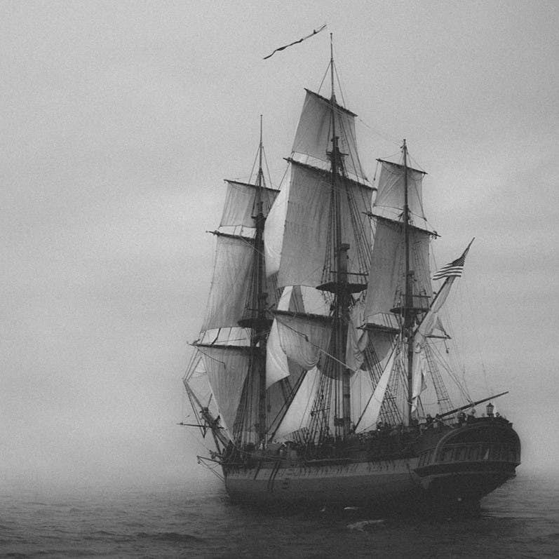 Old ship on sea.