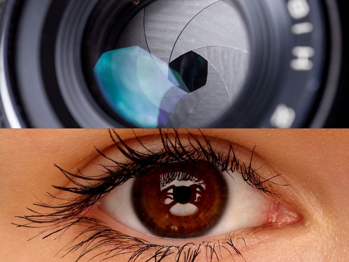 Photo of a camera aperture and an eye.