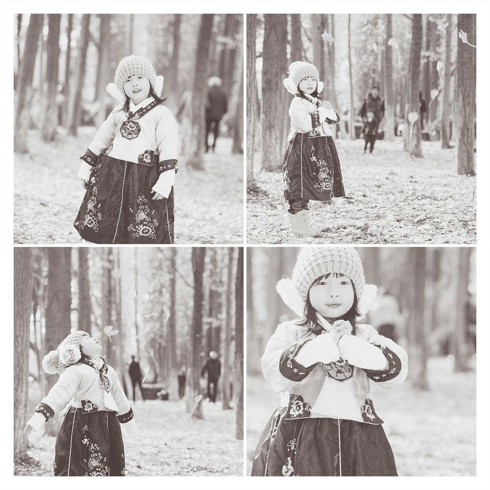 Black and white collage of little girl