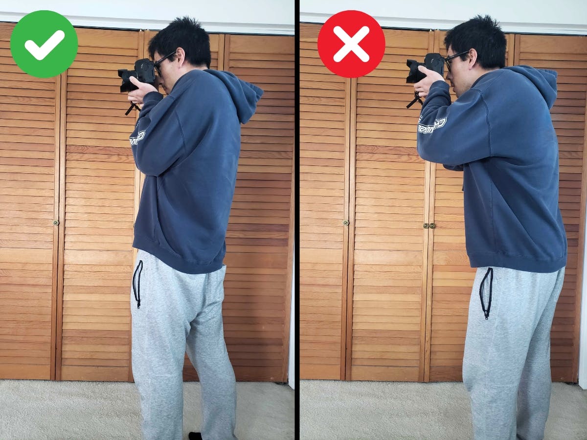 Comparison showing correct vs. incorrect camera holding posture.