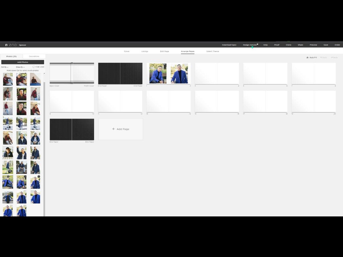 Zno software showing how to design a photo album pages on the arrange tab.