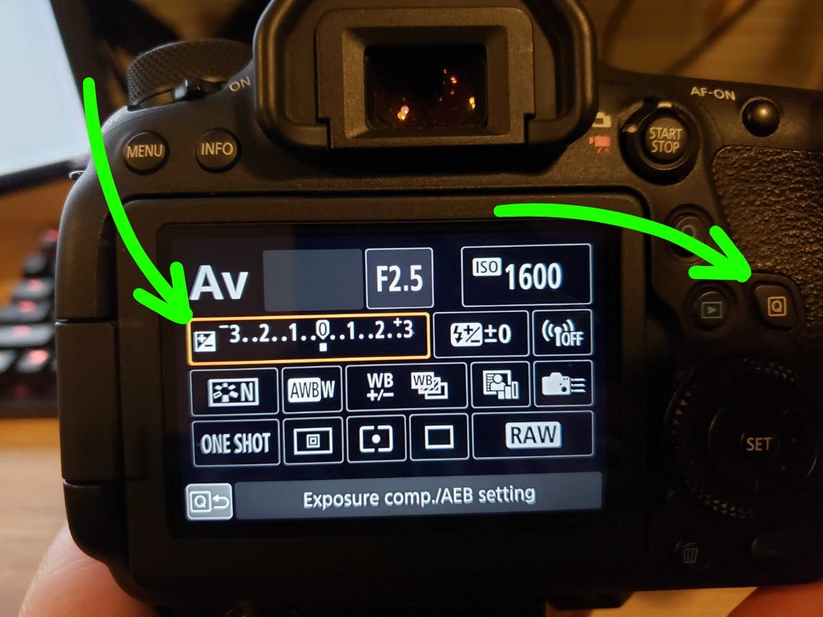 Back of a camera showing the exposure compensation settings.