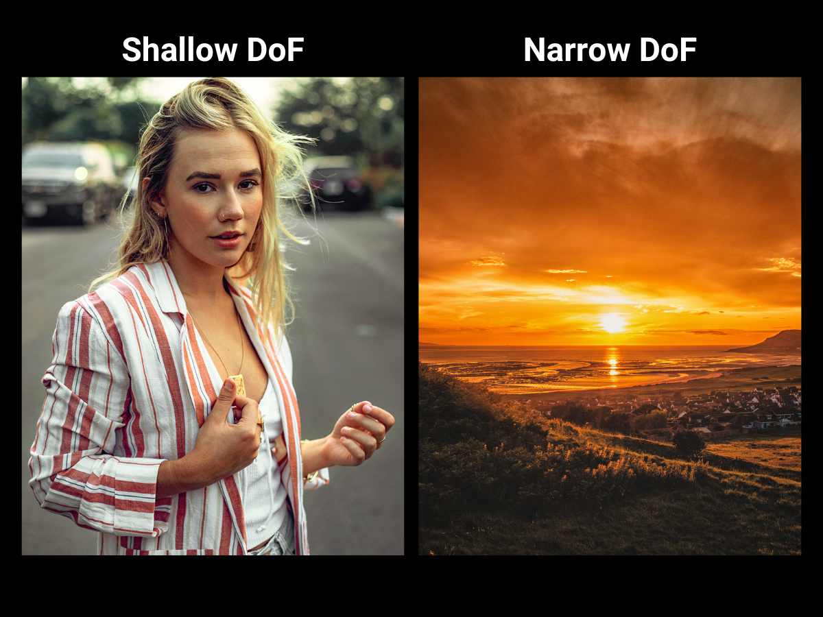 Two photos side by side showing a shallow and then narrow depth of field.