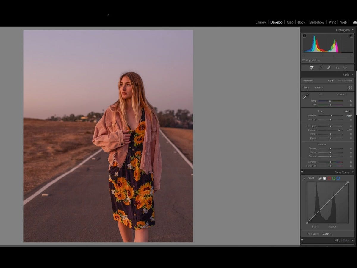 Increasing contrast and saturation in Lightroom to enhance leading lines.