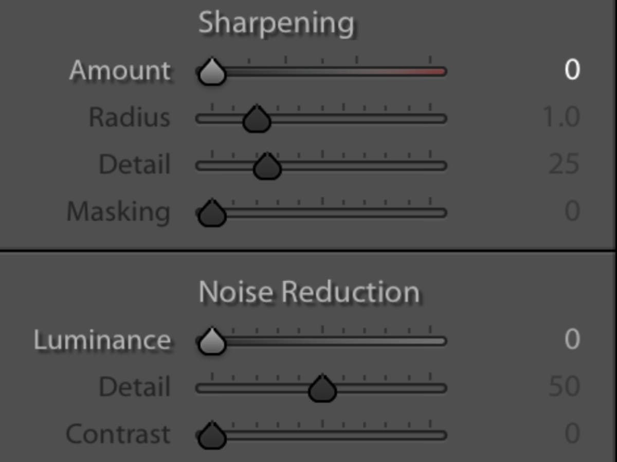 Graphic of sharpening and noise reduction slider in Adobe Lightroom.