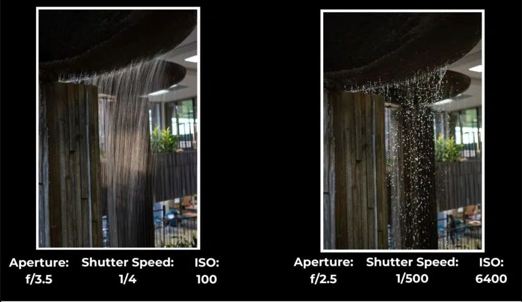 Side by side image of a slow and fast shutter speed in a low-light setting.