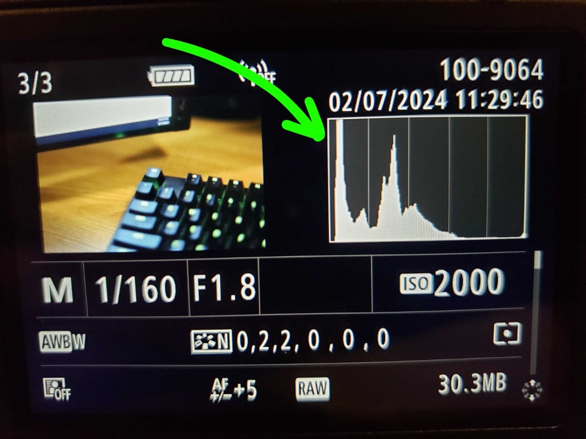 Photo of a underexposed histogram on back of camera.
