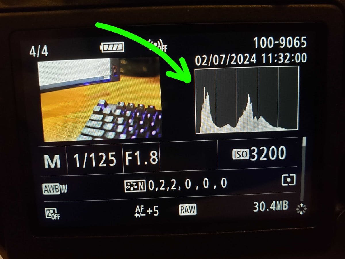 Photo of a well exposed histogram on back of camera.