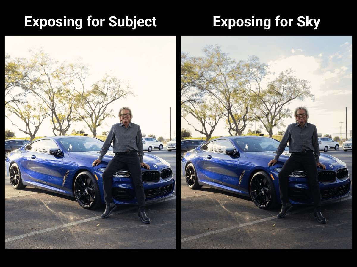 Exposing for sky vs. subject Man sitting on car in two photos side by side.