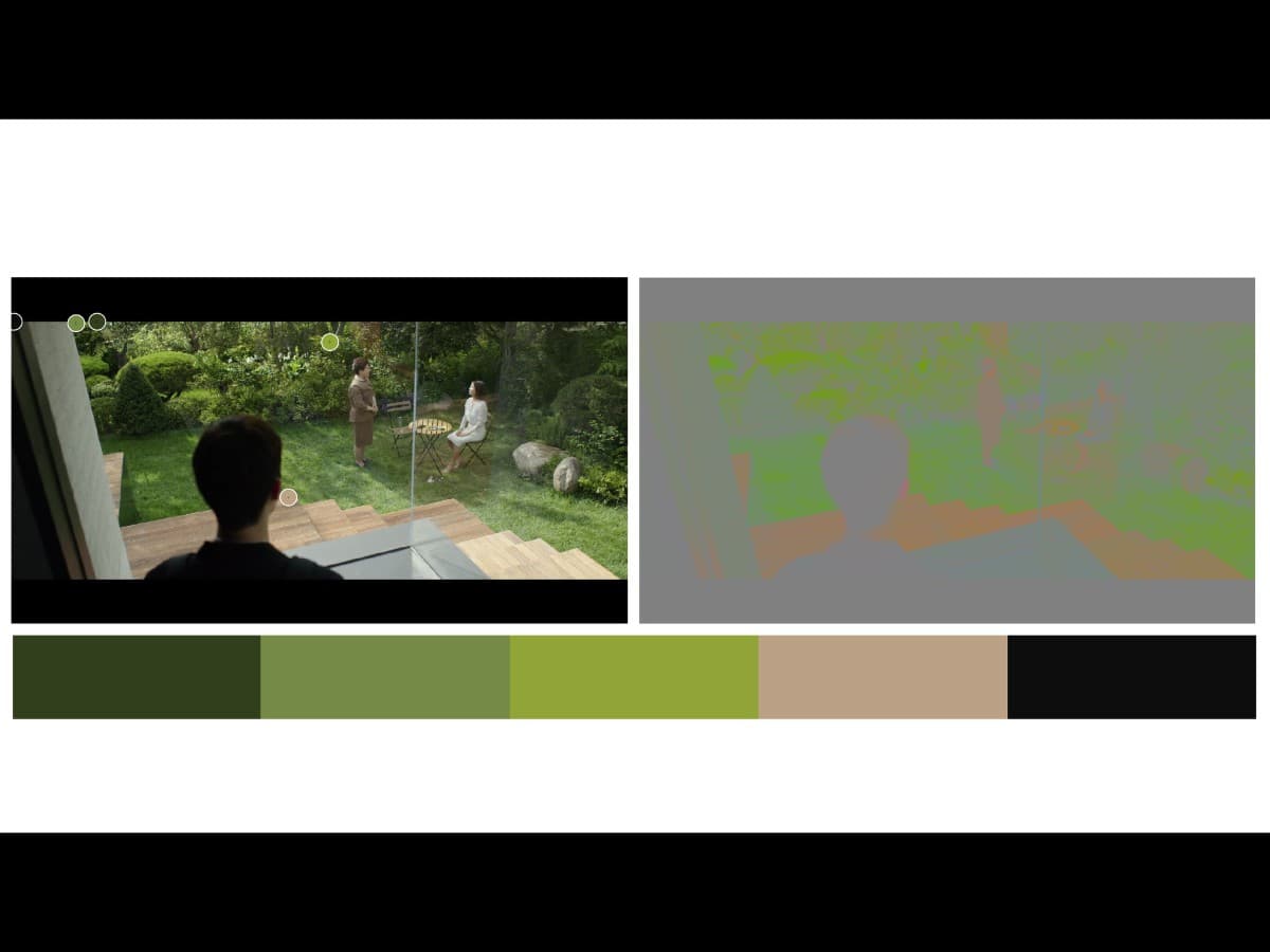 Parasite scene 6 - color Color from scene in Parasite where Ki-Woo looking at maid and wife.