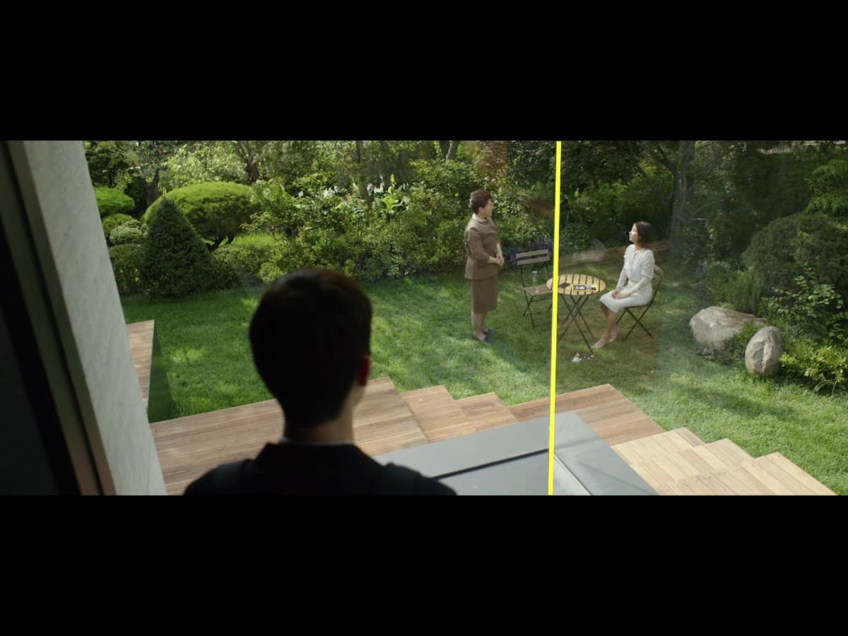 Parasite scene 6 - framing composition Framing composition from scene in Parasite where Ki-Woo looking at maid and wife.