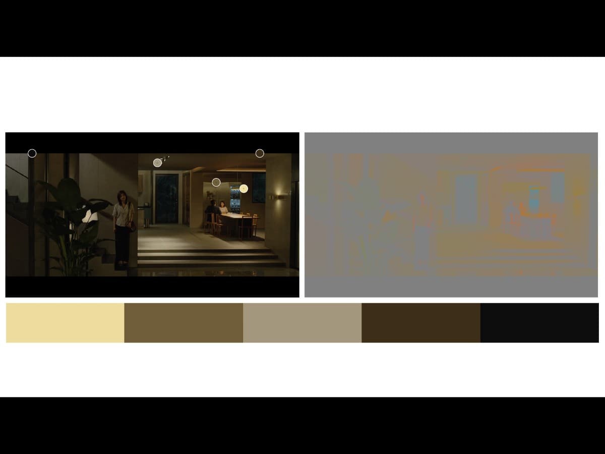 Parasite scene 7 - color Color from scene in Parasite where Ki-Woo's sister is listening to family.