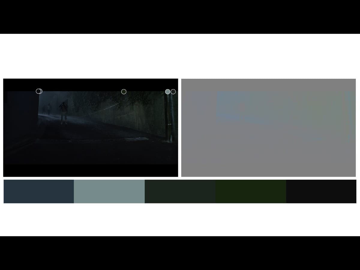 Parasite scene 9 - color first frame Color from scene in parasite where Kim family is running down alley in rain.