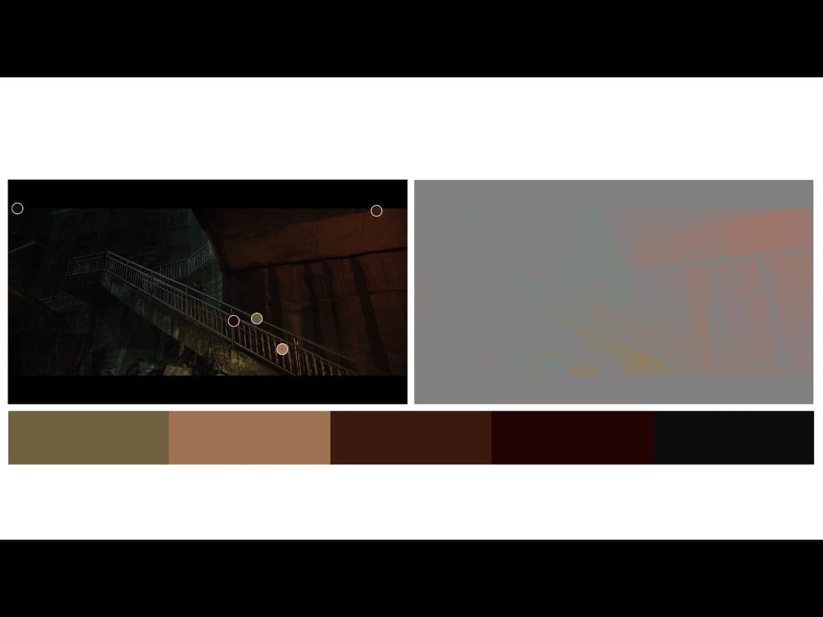 Parasite scene 9 - color last frame Color from scene in parasite where Kim family is running down stairs in rain.