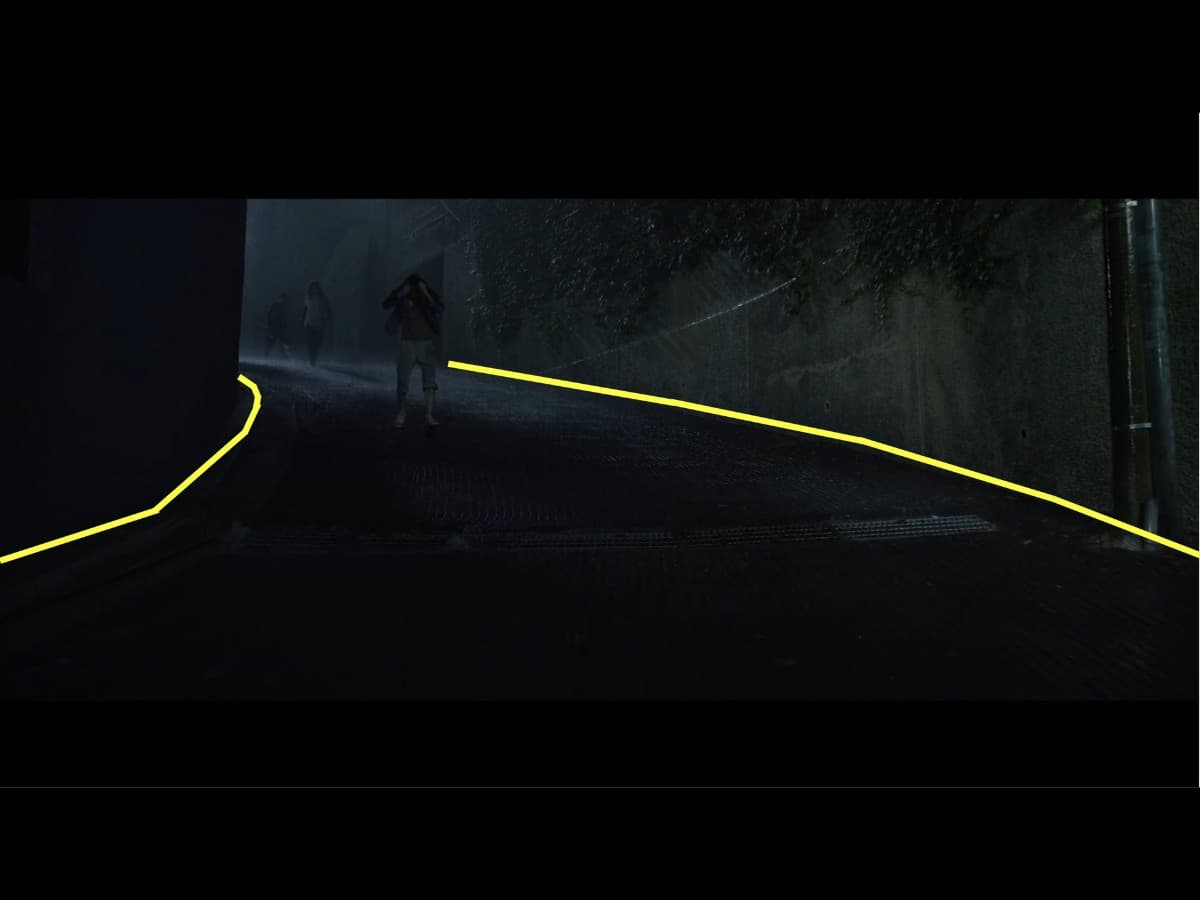 Parasite scene 9 - first frame composition Composition from scene in parasite where Kim family is running down alley in rain.