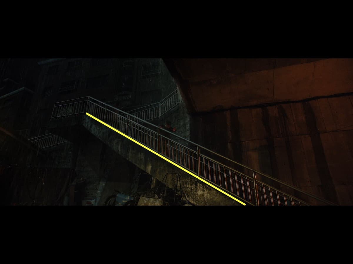 Parasite scene 9 - third frame composition Composition from scene in parasite where Kim family is running up stairs in rain.
